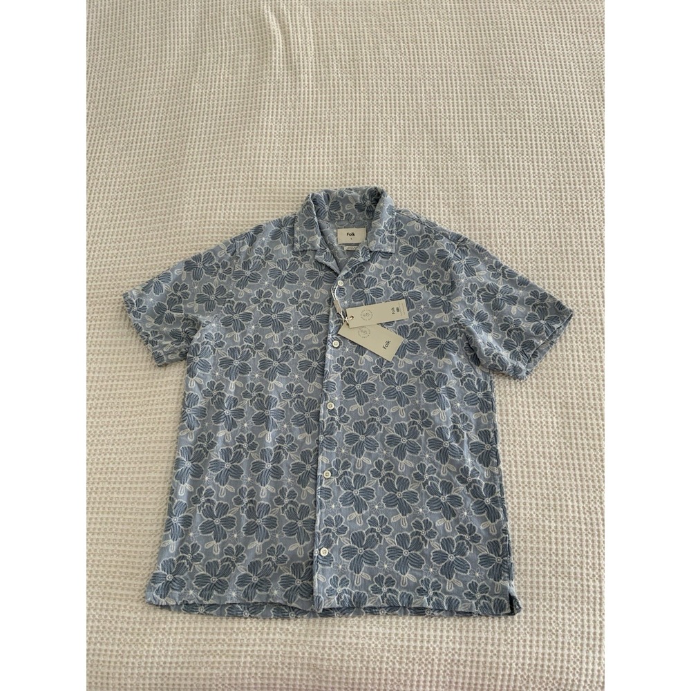 Folk Malco Embroidered Shirt in Blue Linen Blend Floral Embroidery Large